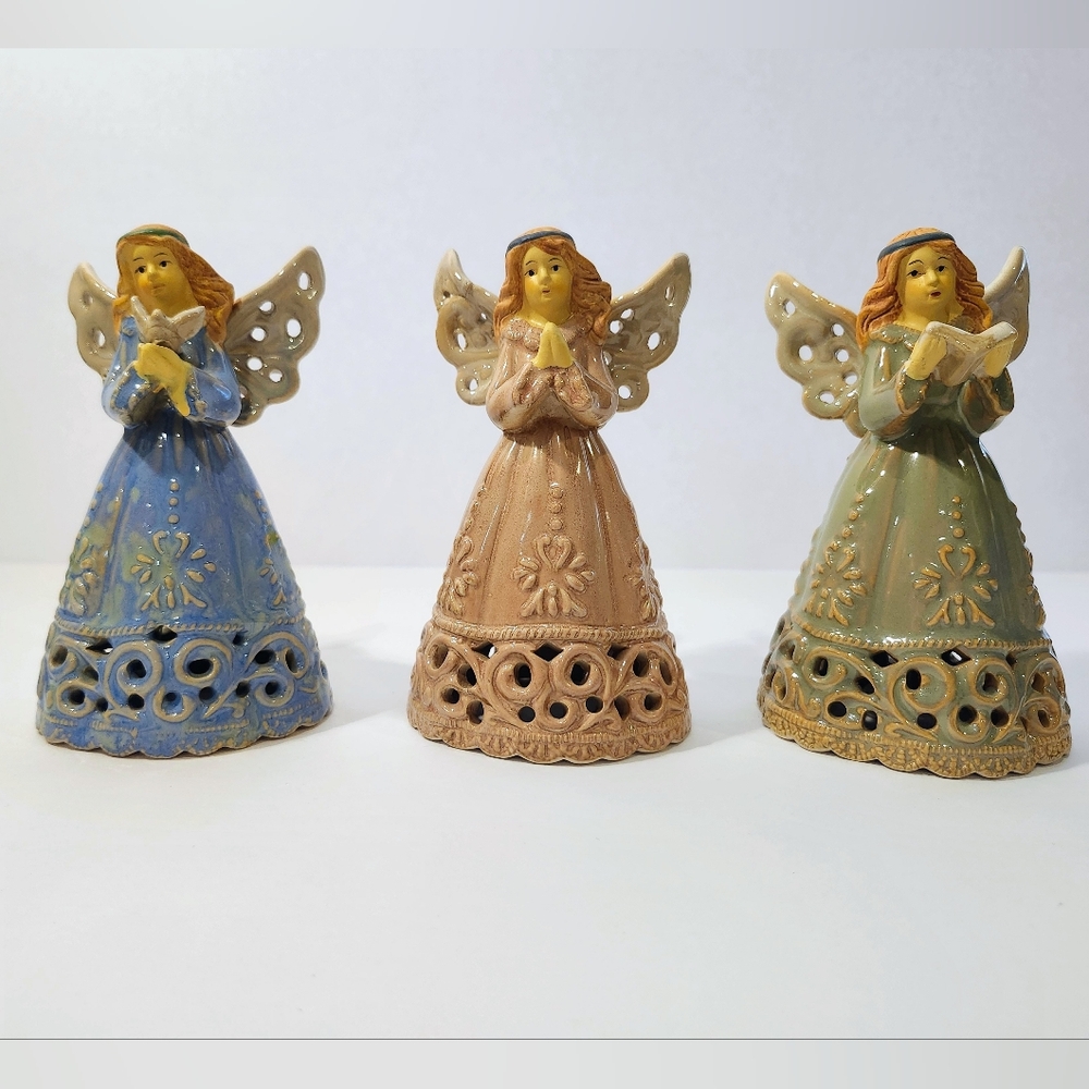 Set of 3 dainty Vintage Glazed Ceramic Angel Bells (video shows bell sounds)
